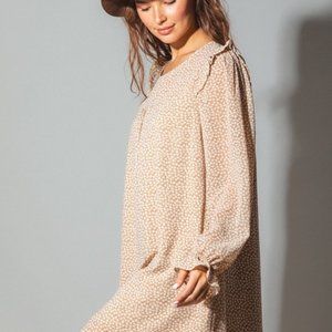 TAN PUFF RUFFLE SLEEVE PRINTED MINI DRESS